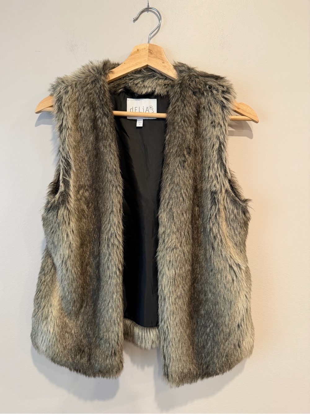 Vintage Y2K Delias Faux Fur Vest Brown Grey Wolf Open Front Womens S